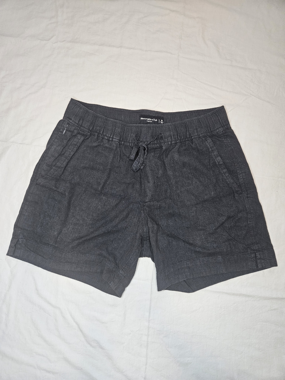 Abercrombie & Fitch Men's Linen Charcoal Drawstring Flat-Front Shorts